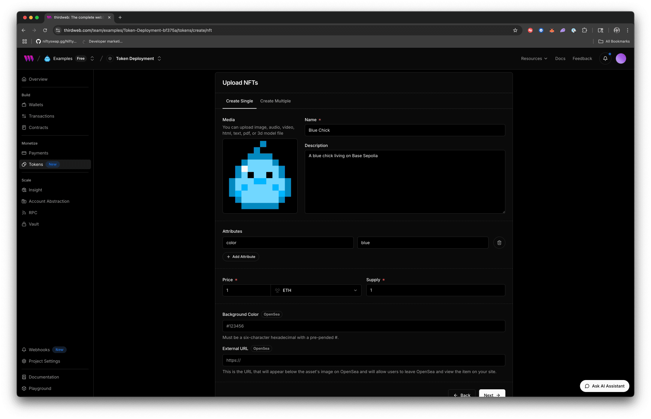 Upload NFTs screen on thirdweb dashboard